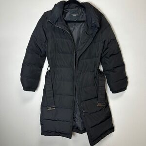 Talbots petites small long black puffer jacket with belt duck down feather
